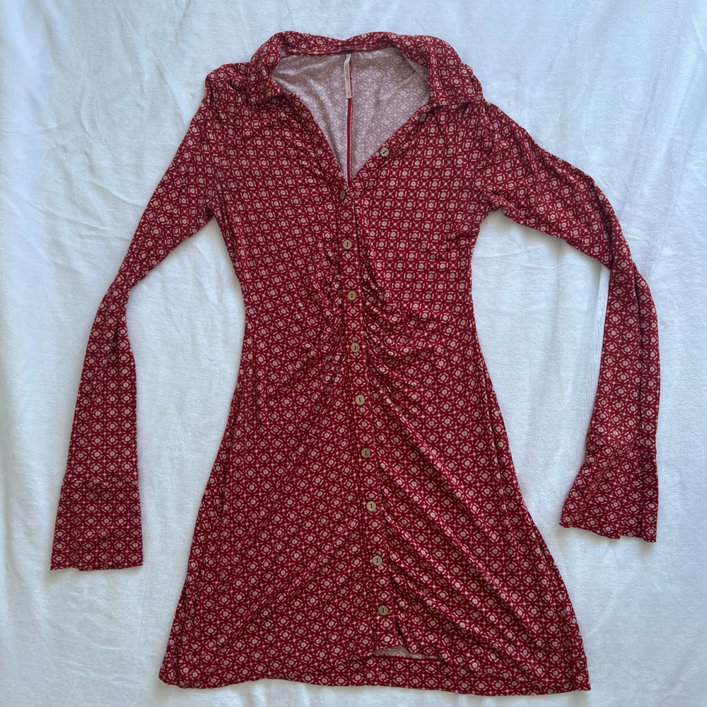 Red Floral Button-Up Dress Free People